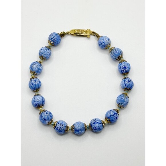 Vintage Blue Venetian Millefiori Glass Beaded Bracelet 8” - Picture 1 of 2
